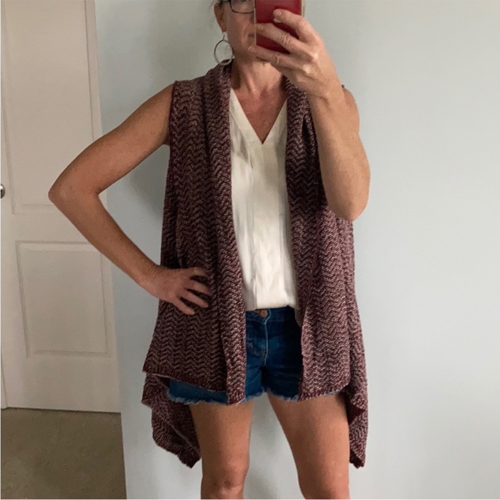 Wine & Ivory Color Long Open Style Cardigan - Picture 2 of 9